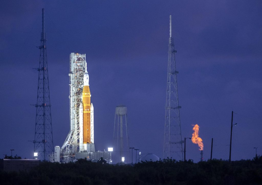 The countdown clock of the SLS rocket with an Orion capsule, part of the Artemis 1 mission, is on a hold at T-40 minutes at the at the pad 39B in the Kennedy Space Center in Merrit Island Florida, USA, 29 August 2022.